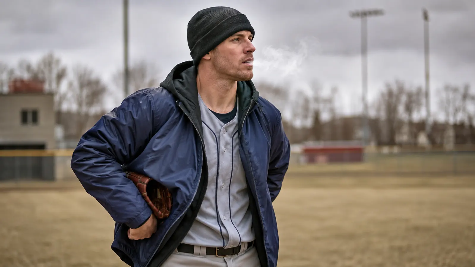 Outfielder tucking a leather glove under his jacket to keep it warm during a cold early-spring practice
