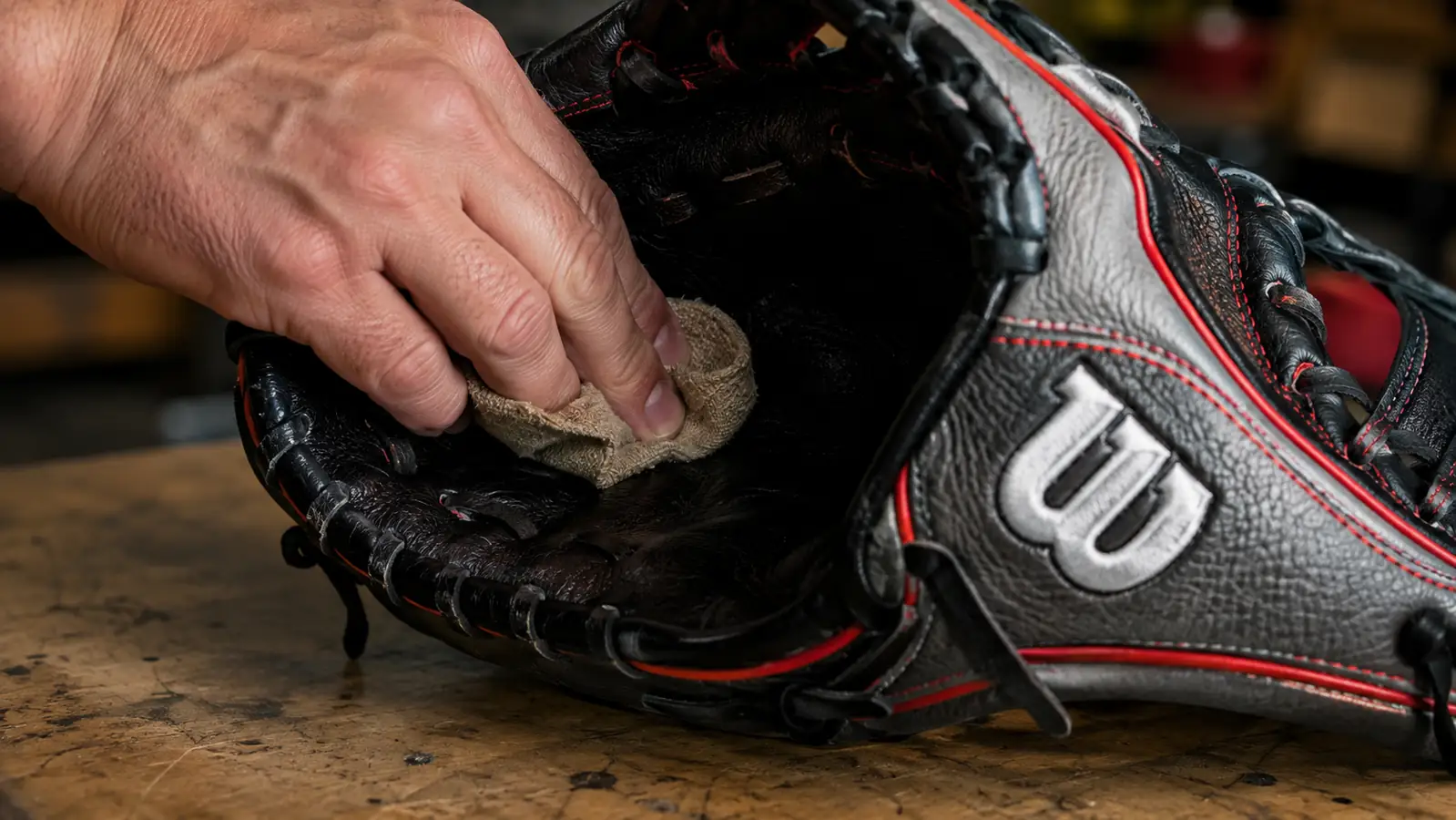 Hand working glove oil into the pocket of a tan leather infield glove with a rag