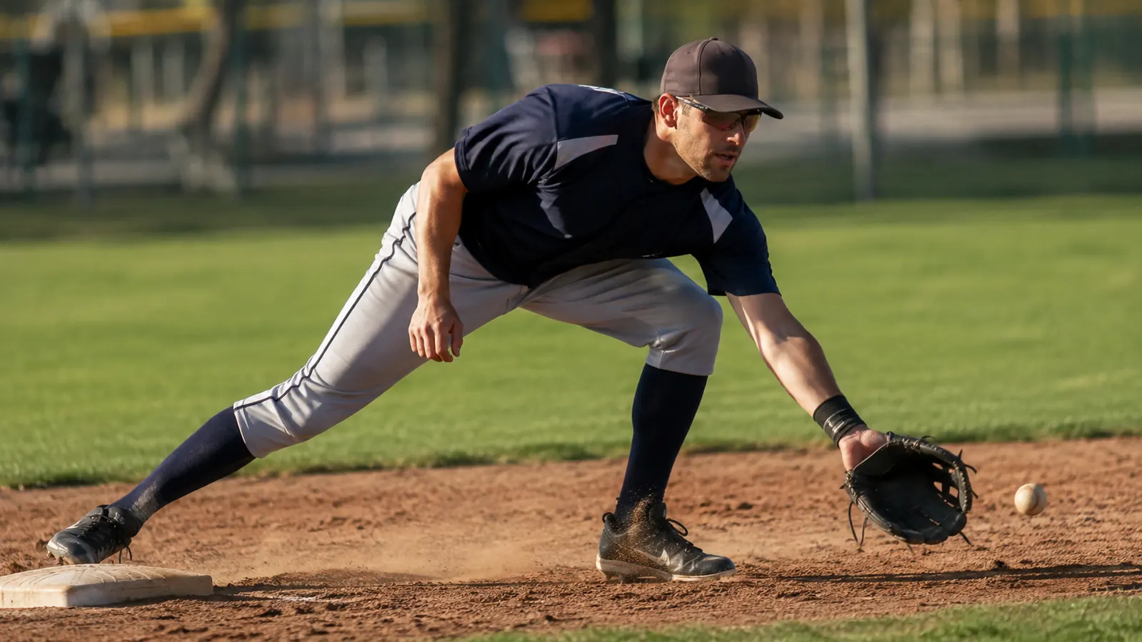Adult rec-league third baseman fielding a ground ball on a dirt infield